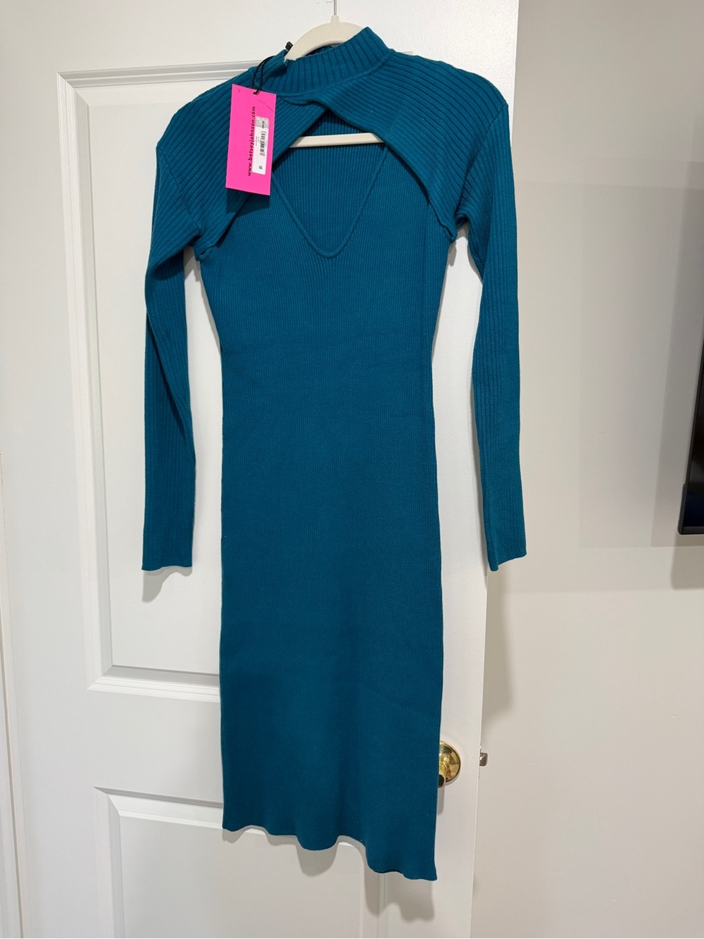 Betsey Johnson Teal Long Sleeve Ribbed Midi Dress with Mock Cutout